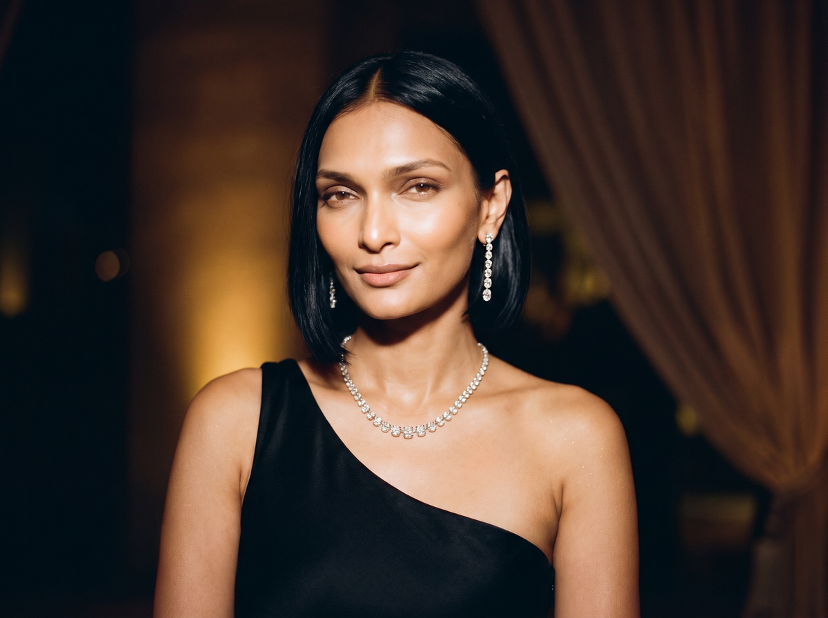 A woman in a black one-shoulder gown wearing a lab-grown diamond necklace and drop earrings