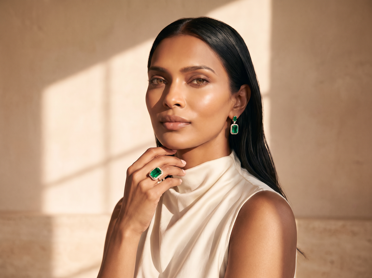 A woman wearing a lab-grown Colombian emerald ring and emerald drop earrings