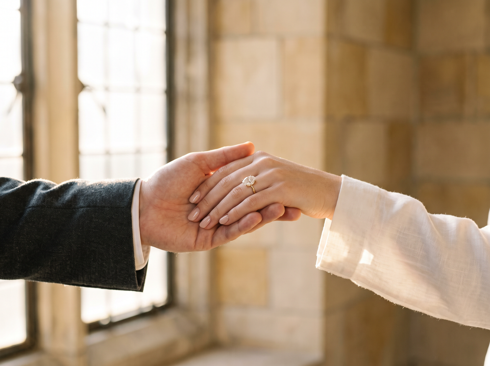 A man holding his partner's hand, an oval lab-grown diamond engagement ring on her finger