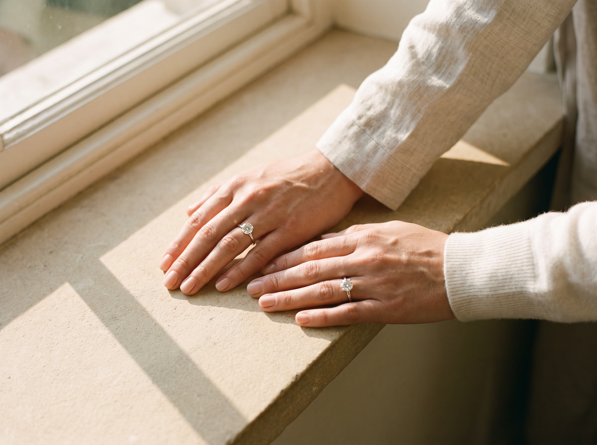 Two hands side by side, each wearing a near-identical diamond solitaire