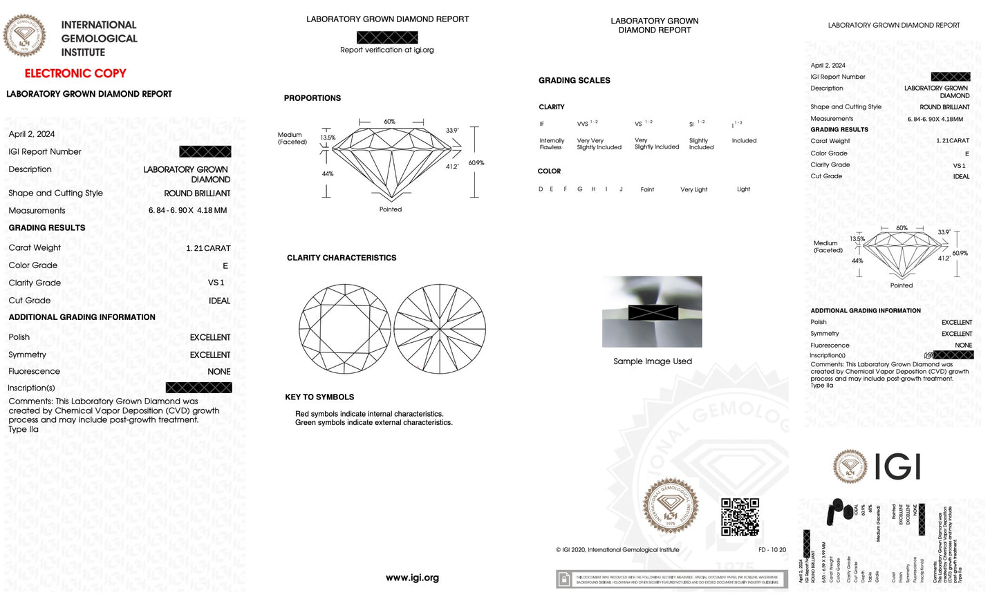 Lab Grown Diamond 1.21ct Round IGI Certified - E Color, VS1 Clarity