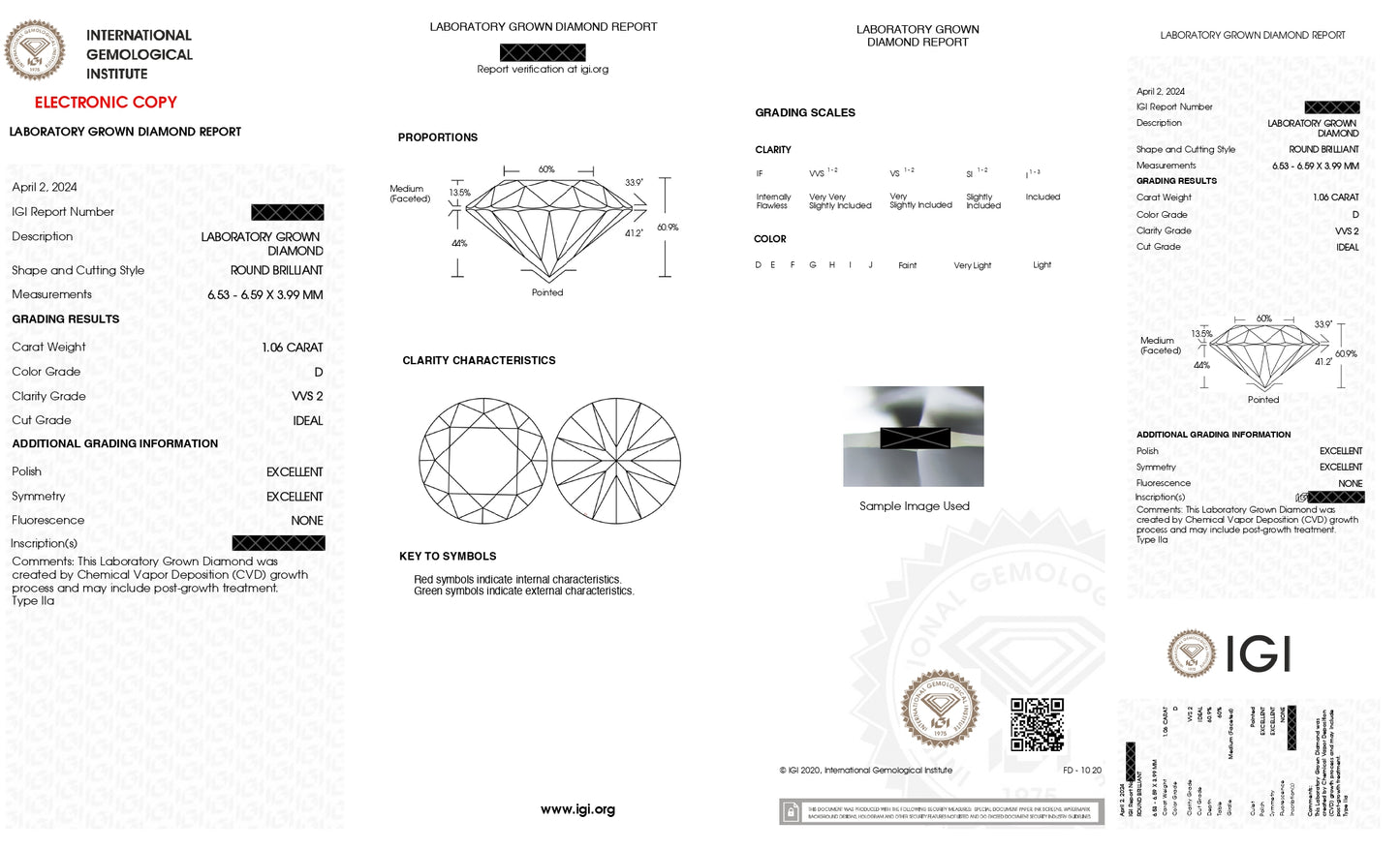 Lab Grown Diamond 1.06 CT Round IGI Certified - VVS2 Clarity, D Color