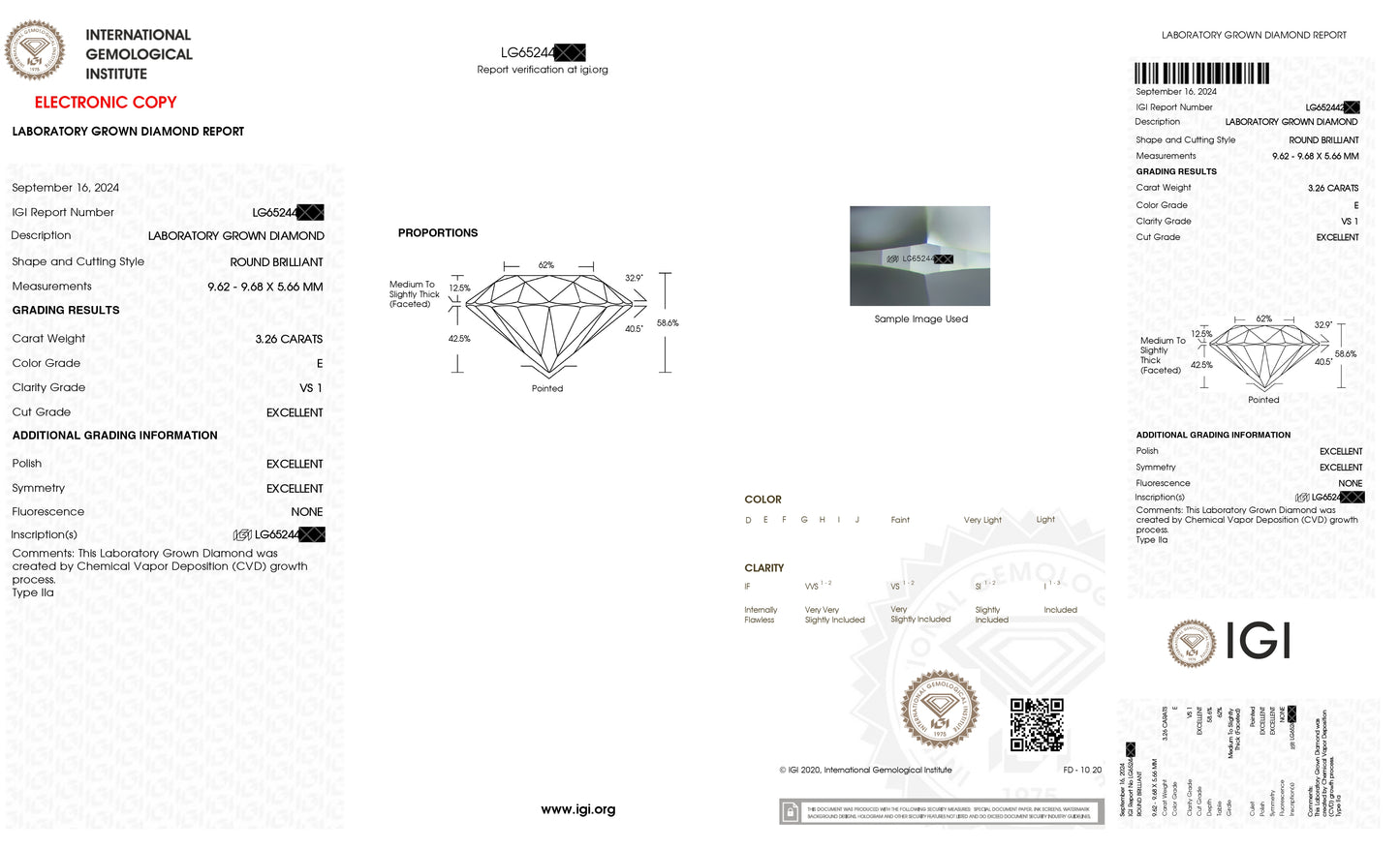 Lab Grown Diamond 3.26 CT Round IGI Certified - VS 1 Clarity, E Color