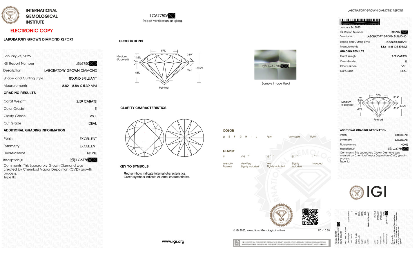 IGI Certified Lab Grown Diamond 2.59 CT Round - VS 1 Clarity, E Color