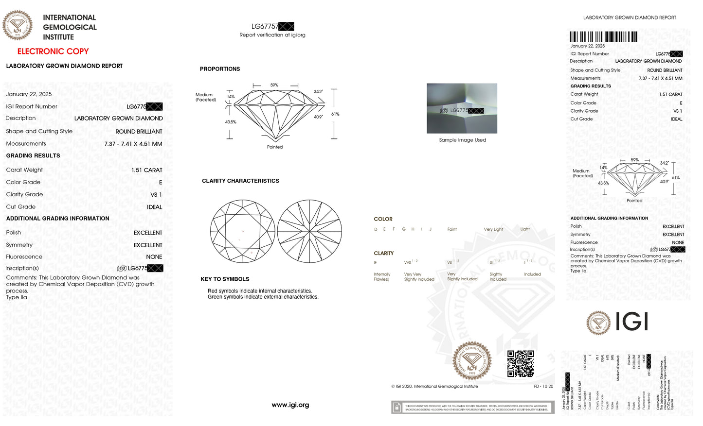 IGI Certified Lab Grown Diamond 1.51 ct Round - VS1 Clarity, E Color