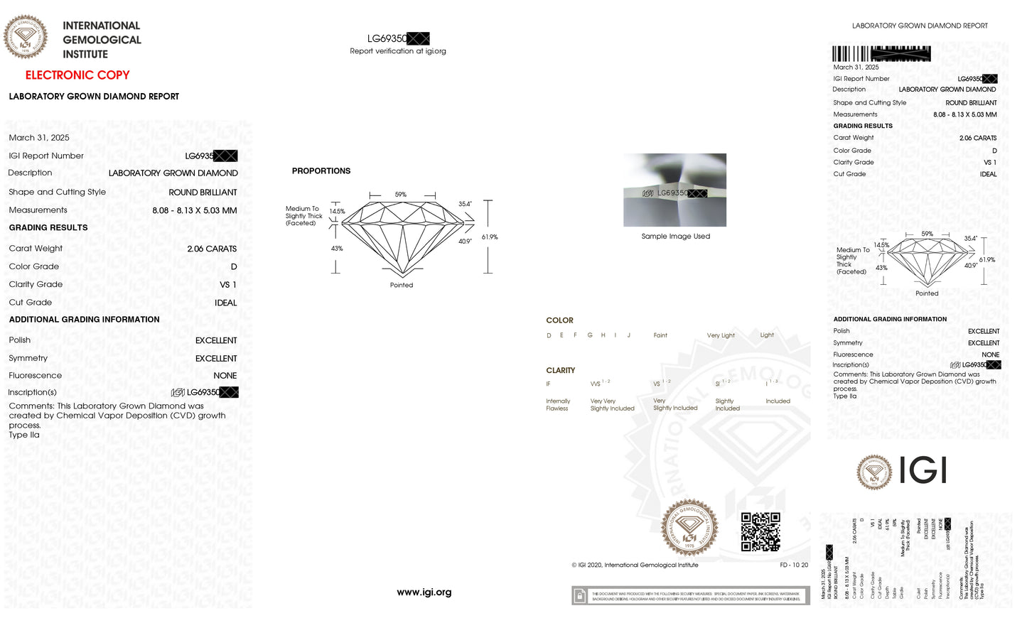IGI Certified Lab Grown Diamond 2.06ct Round - D Color, VS 1 Clarity