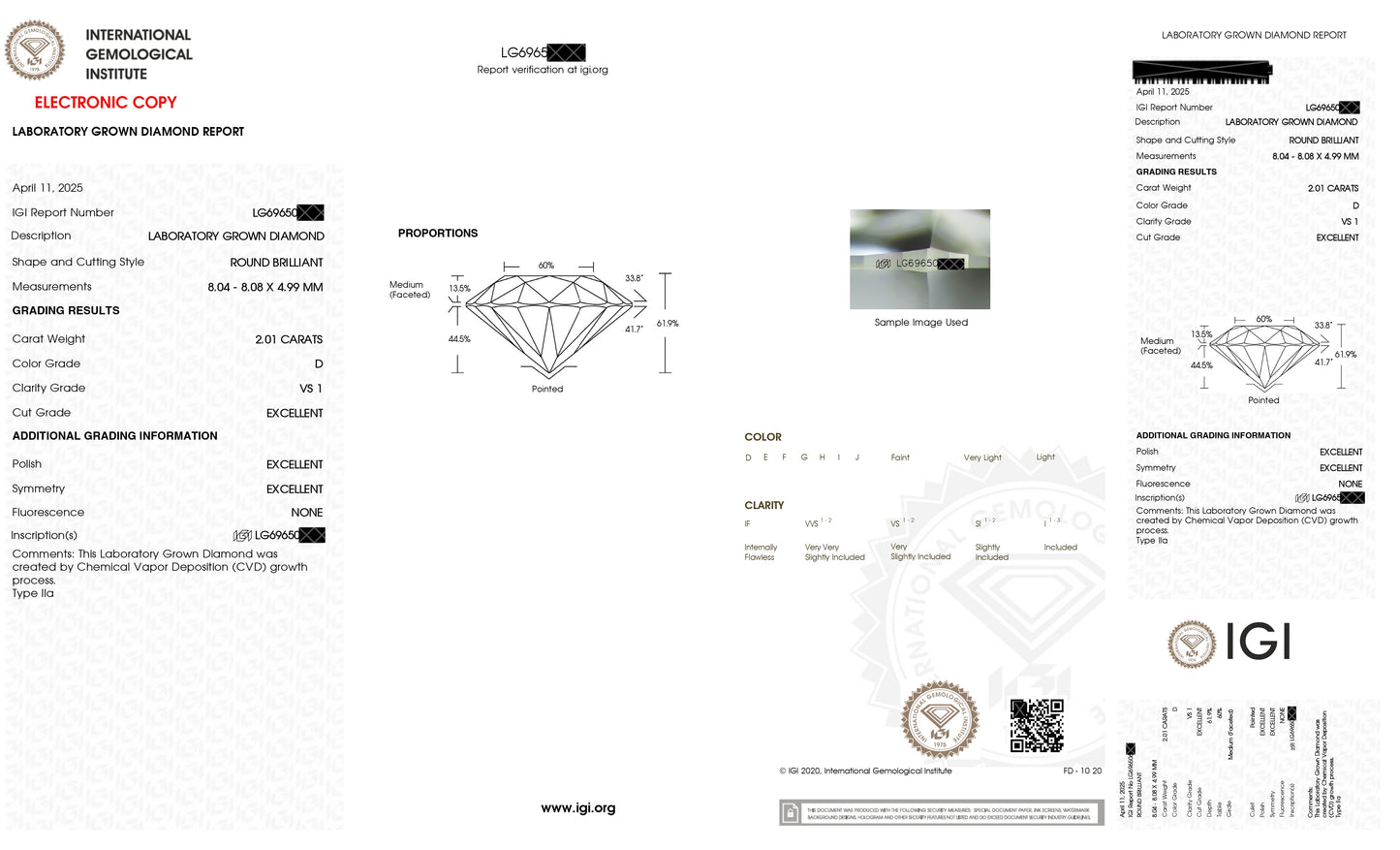 IGI Certified Lab Grown Diamond 2.01 CT Round - VS 1 Clarity, D Color