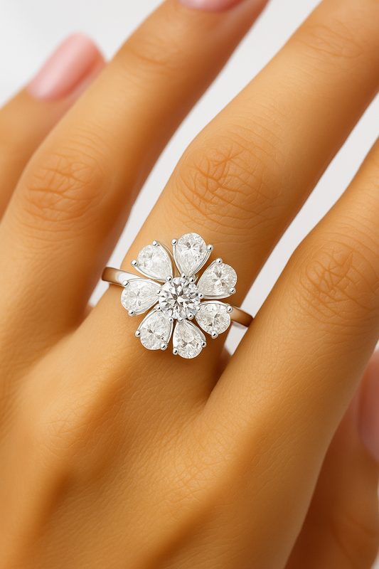 Lab Grown Round & Pear Diamond Flower Ring on hand