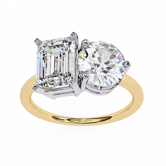 Lab Grown Diamond Solitaire Ring Emerald Cut (2.40ct)& Round Stone (1.65ct) In 14K Gold