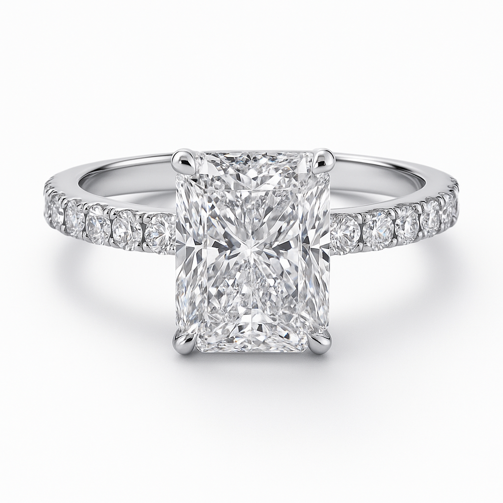 Diamond ring with a emerald-cut center stone on a white background