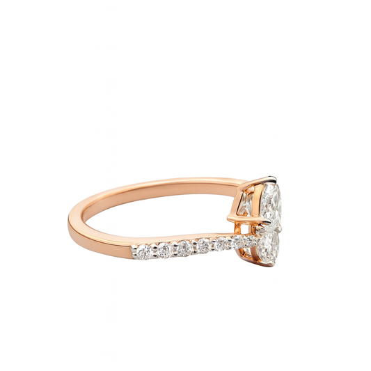 Rose gold ring with a diamond on a white background