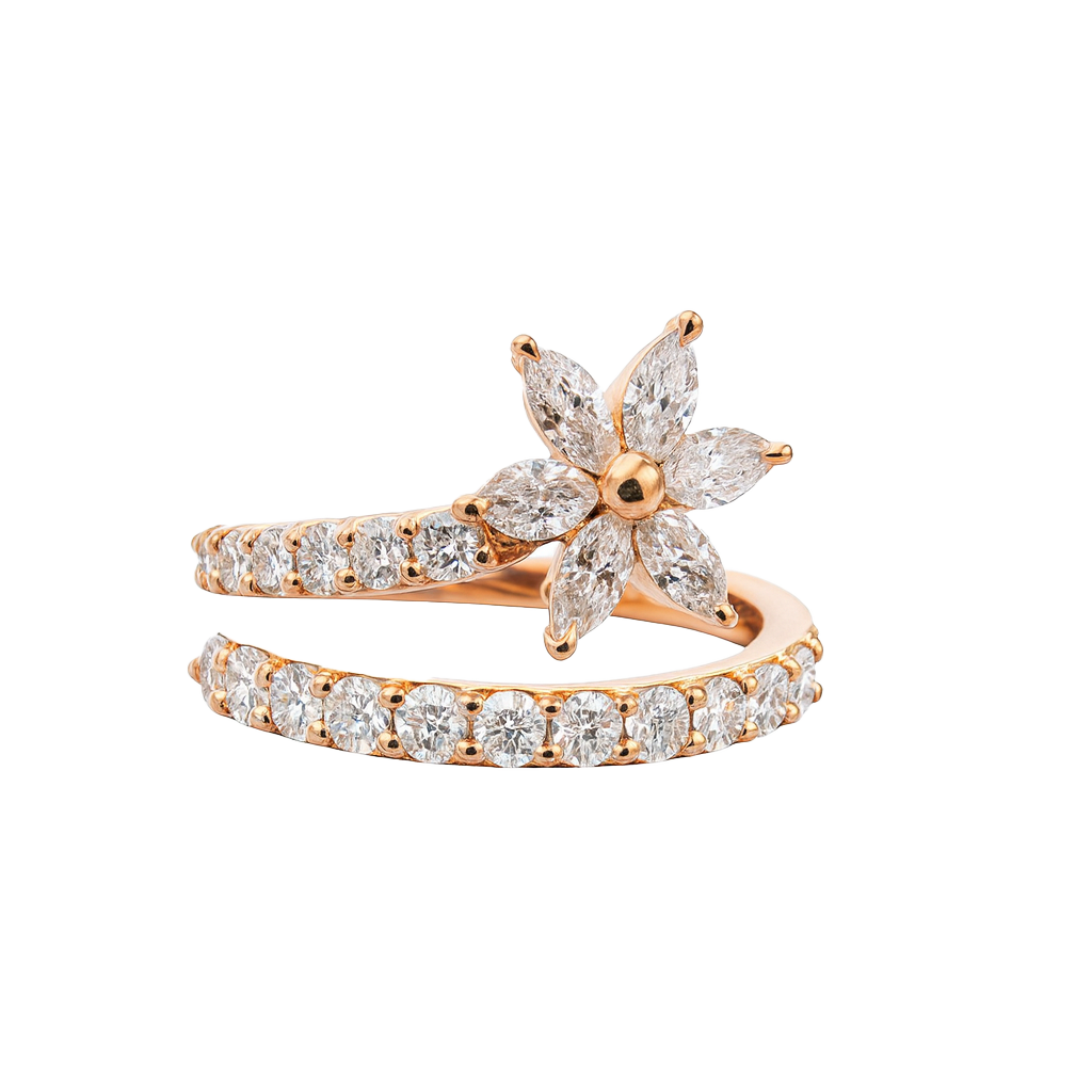 Rose gold ring with diamond accents on a white background