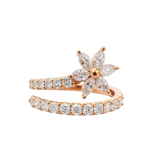 Rose gold ring with diamond accents on a white background