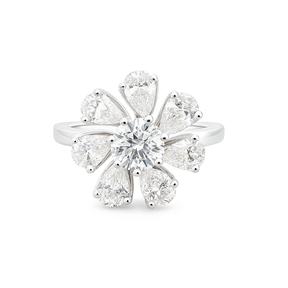 Diamond flower ring on a white background