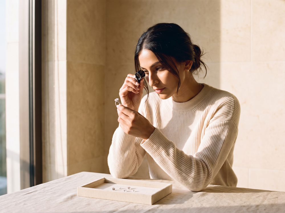 A woman inspecting a diamond solitaire through a jeweller's loupe
