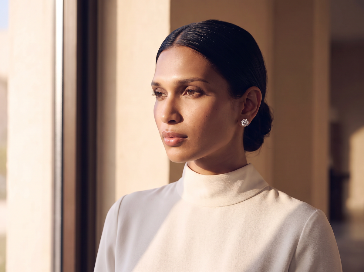 A woman by a window wearing lab-grown diamond stud earrings