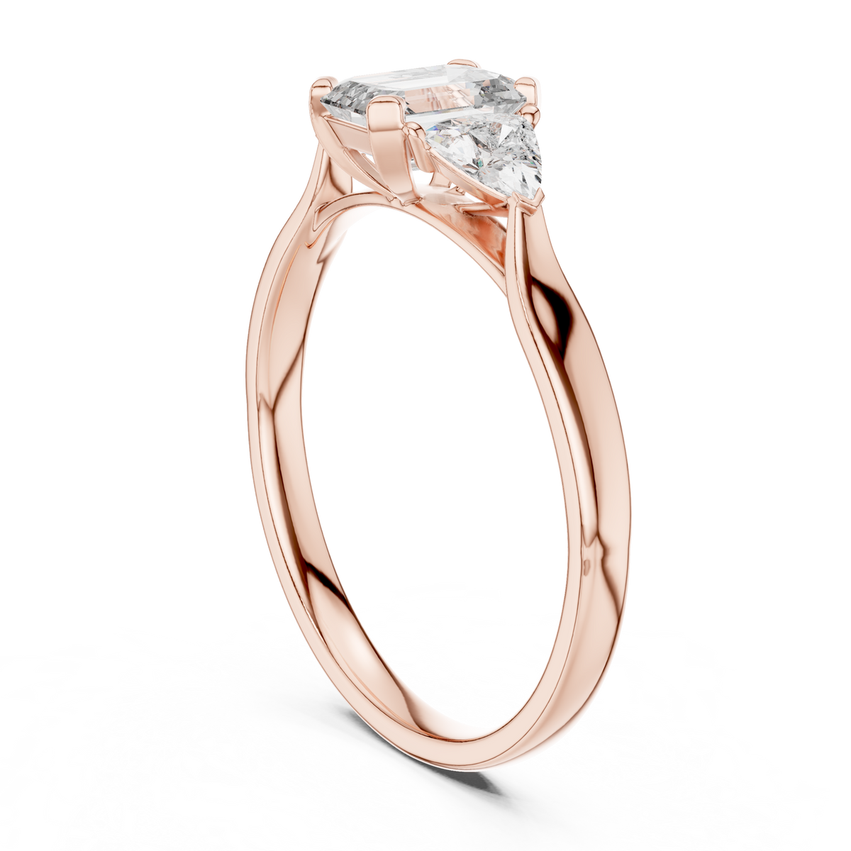 Emerald & Trillion 3 Stone Lab Grown Diamond Ring, Rose Gold