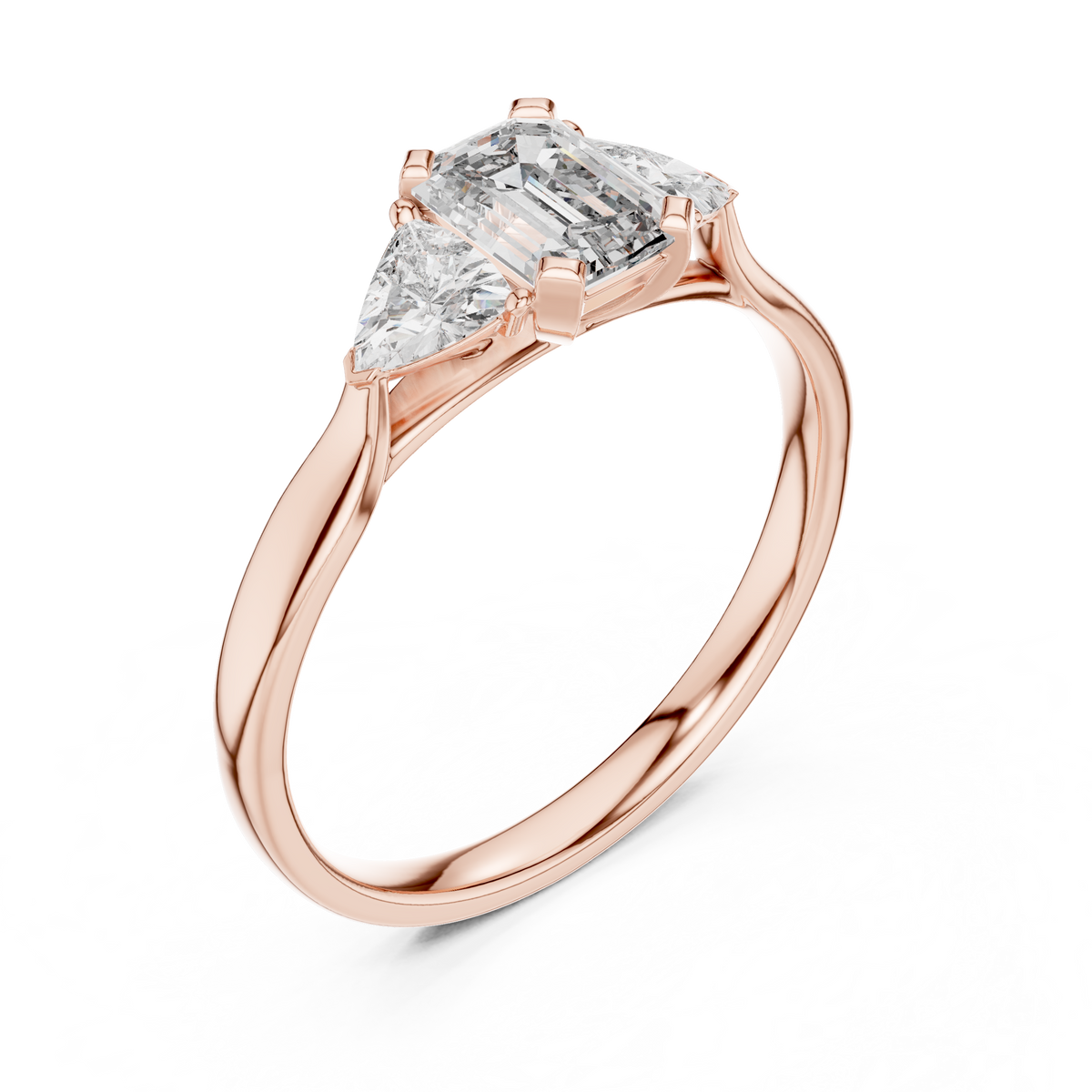 Emerald & Trillion 3 Stone Lab Grown Diamond Ring, Rose Gold