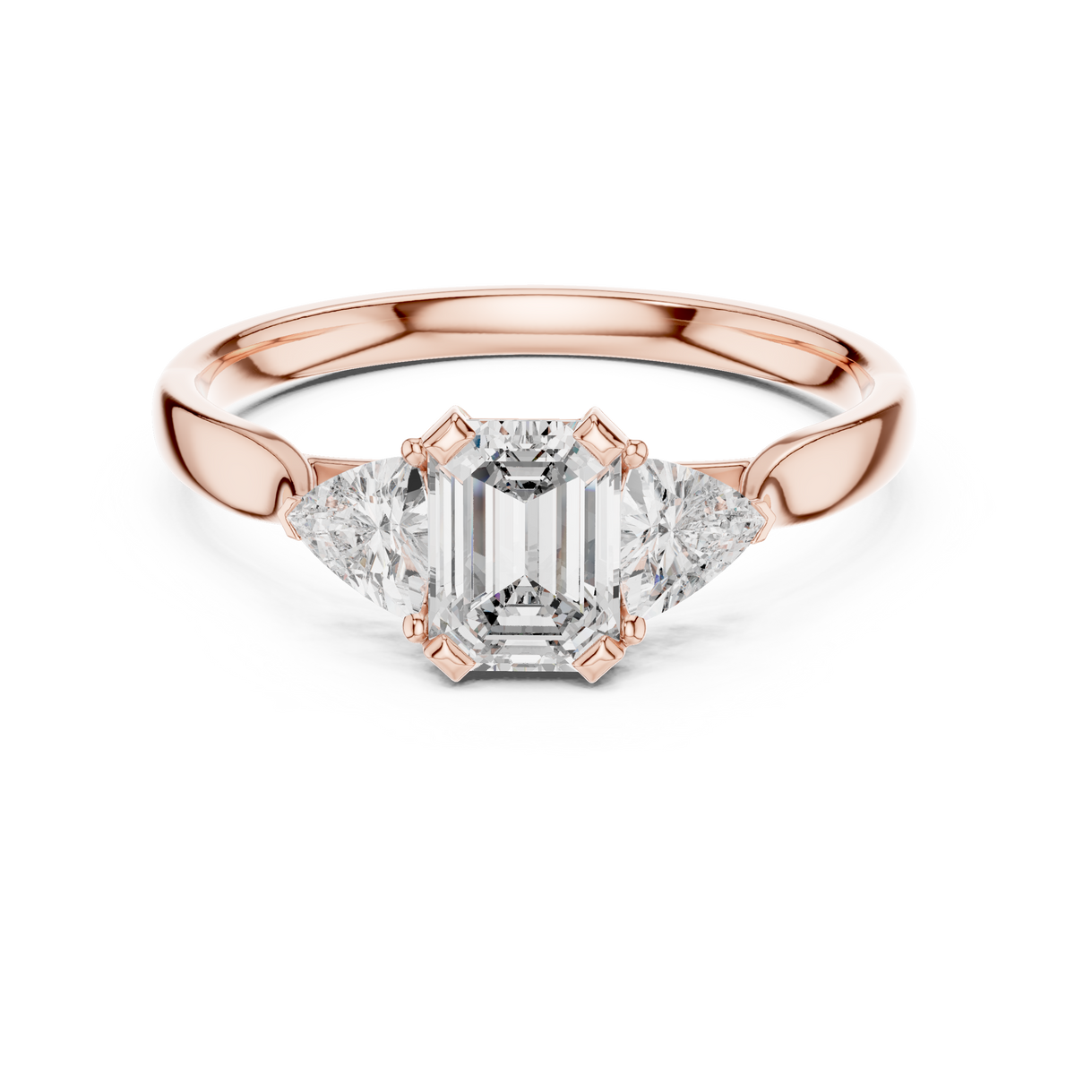 Emerald & Trillion 3 Stone Lab Grown Diamond Ring, Rose Gold