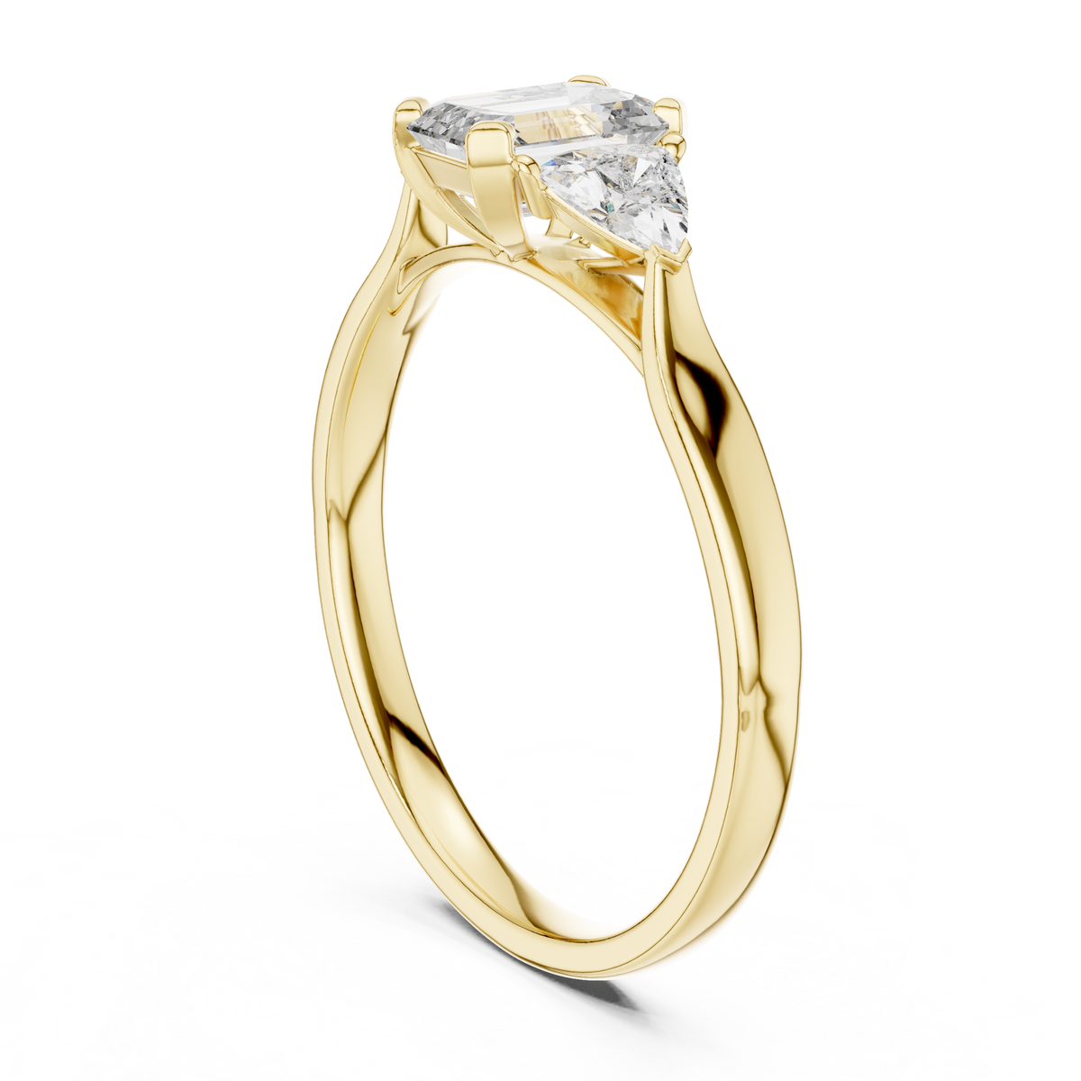 Emerald & Trillion 3 Stone Lab Grown Diamond Ring, Yellow Gold