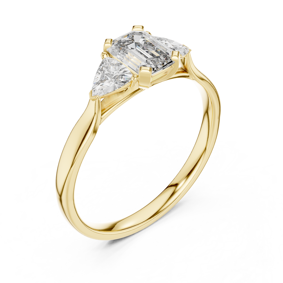 Emerald & Trillion 3 Stone Lab Grown Diamond Ring, Yellow Gold