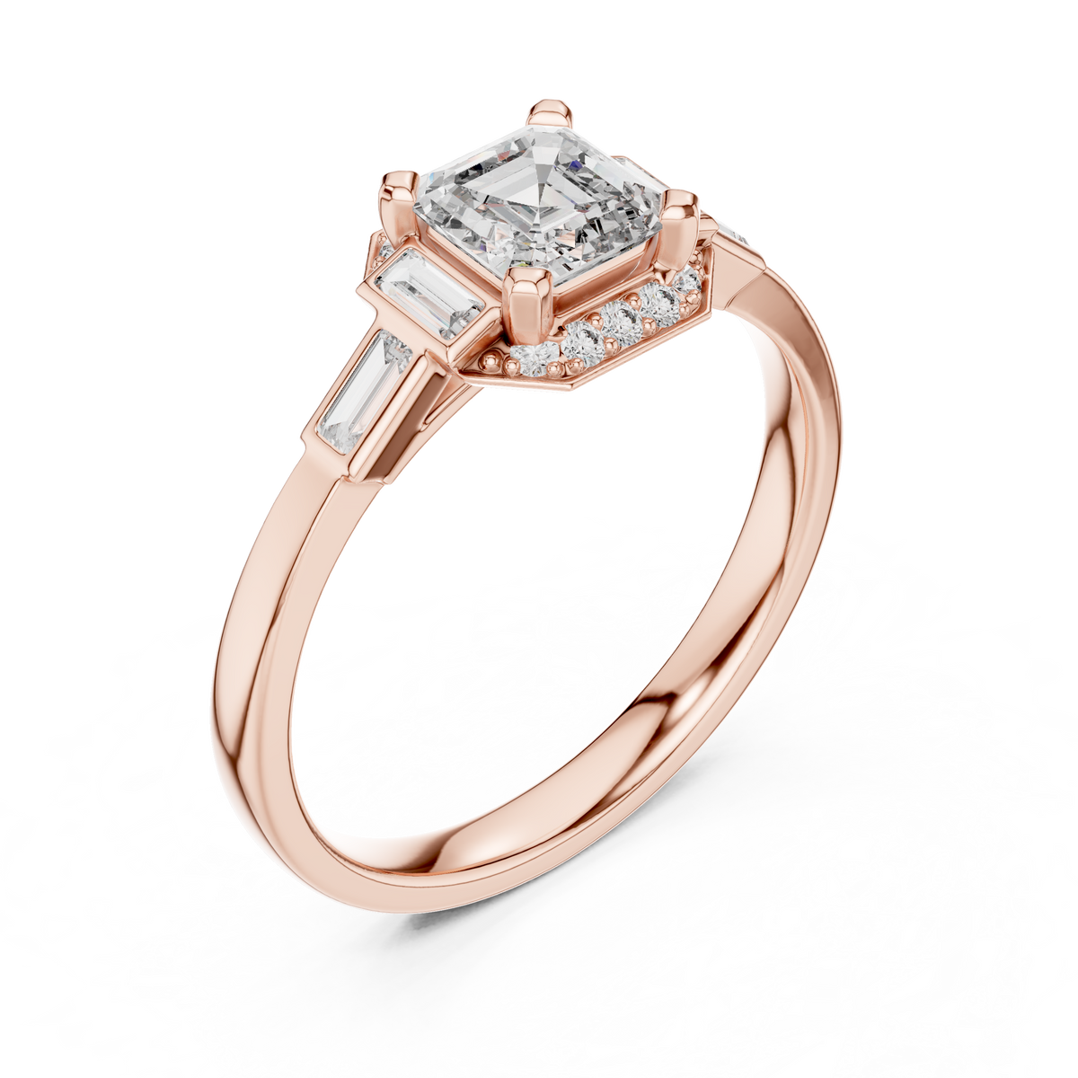 Asscher Cut Halo Lab-Grown Diamond Anniversary Ring with Baguette Accents, Rose Gold