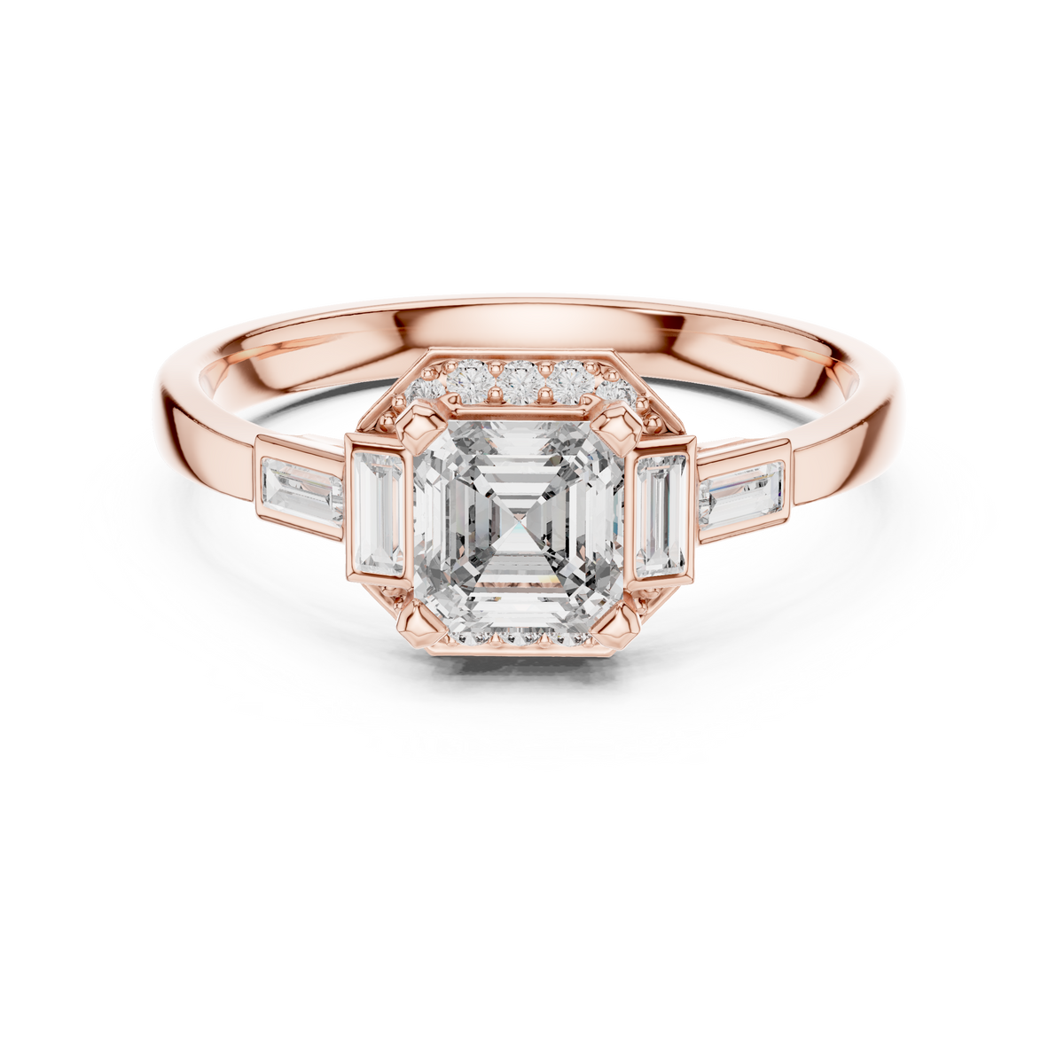 Asscher Cut Halo Lab-Grown Diamond Anniversary Ring with Baguette Accents, Rose Gold