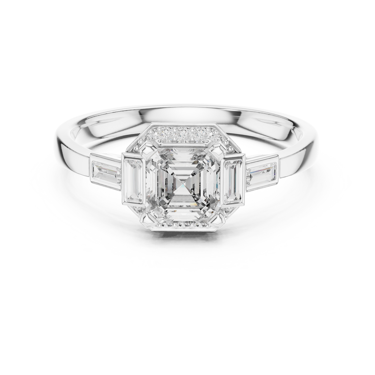 Asscher Cut Halo Lab-Grown Diamond Anniversary Ring with Baguette Accents, White Gold