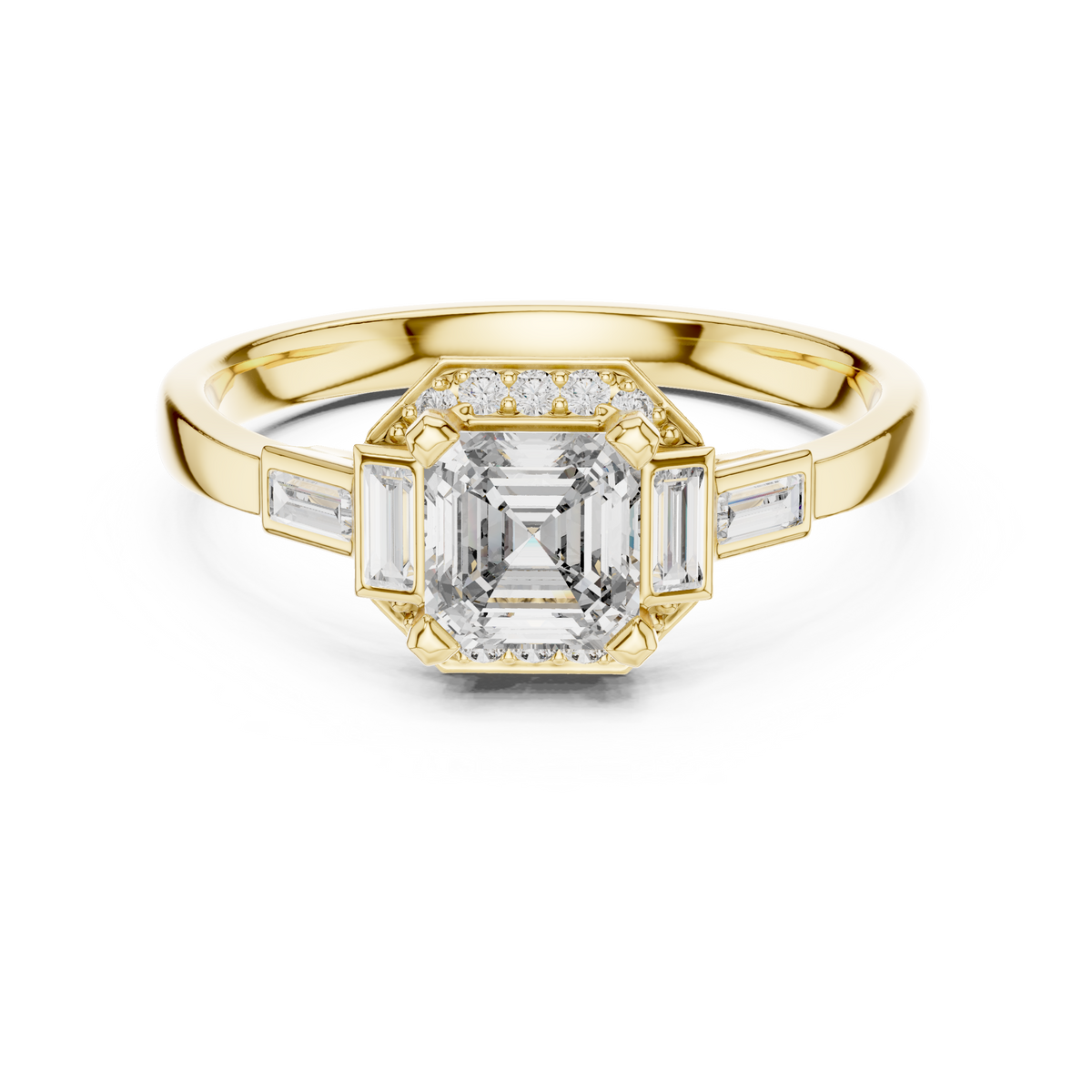 Asscher Cut Halo Lab-Grown Diamond Anniversary Ring with Baguette Accents, Yellow Gold