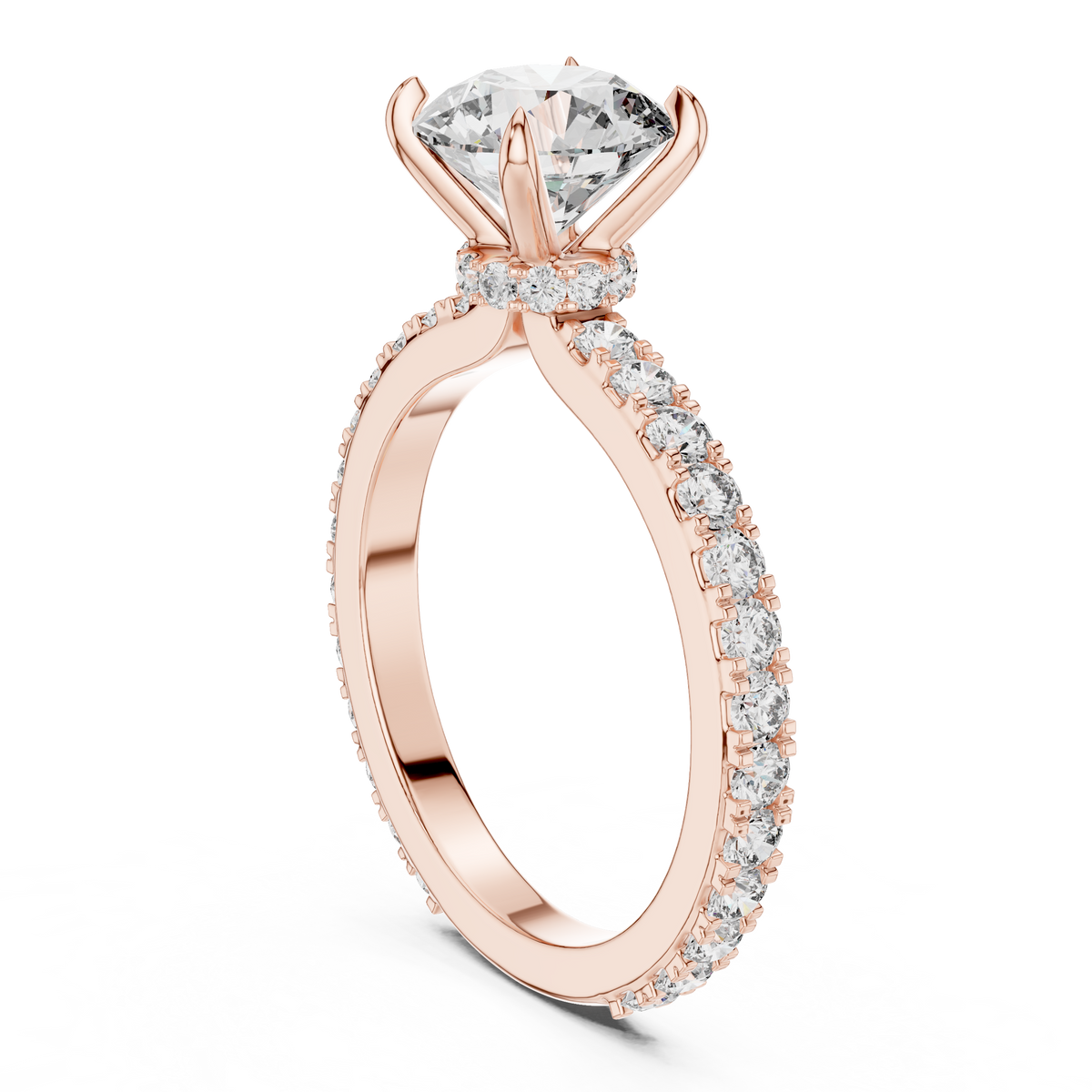 Round Lab Grown Diamond Hidden Halo Pavé Ring, Rose Gold