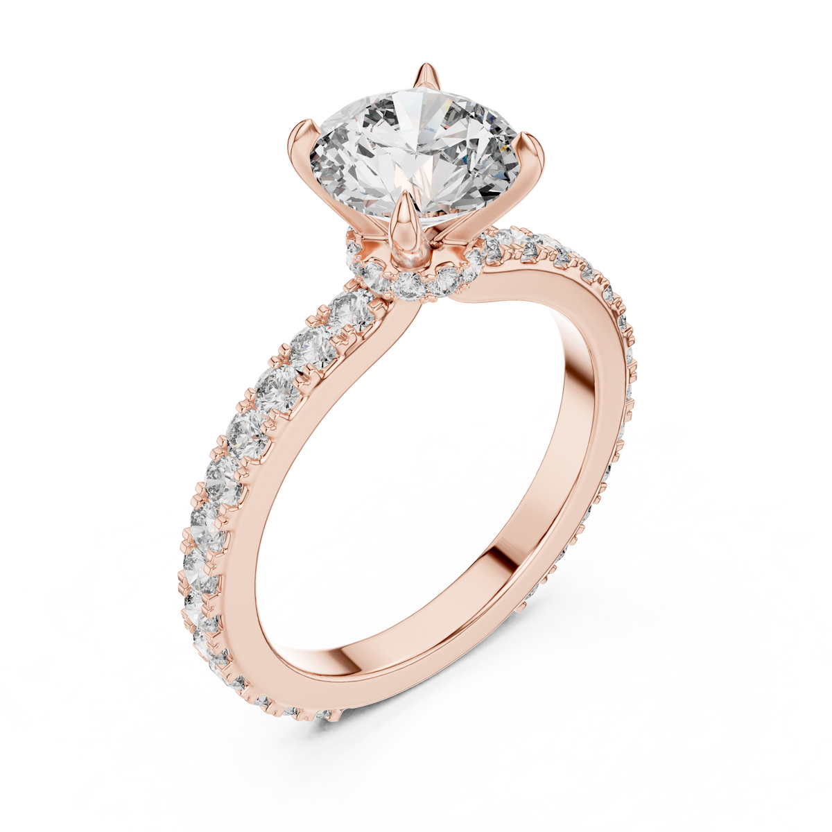 Round Lab Grown Diamond Hidden Halo Pavé Ring, Rose Gold