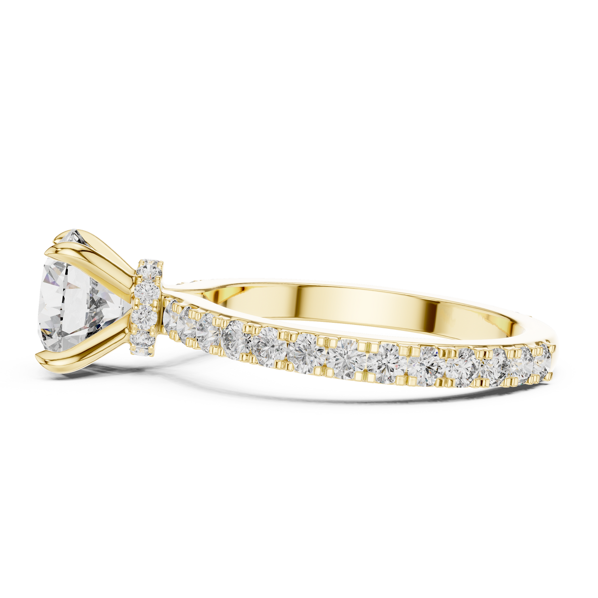 Round Lab Grown Diamond Hidden Halo Pavé Ring, Yellow Gold