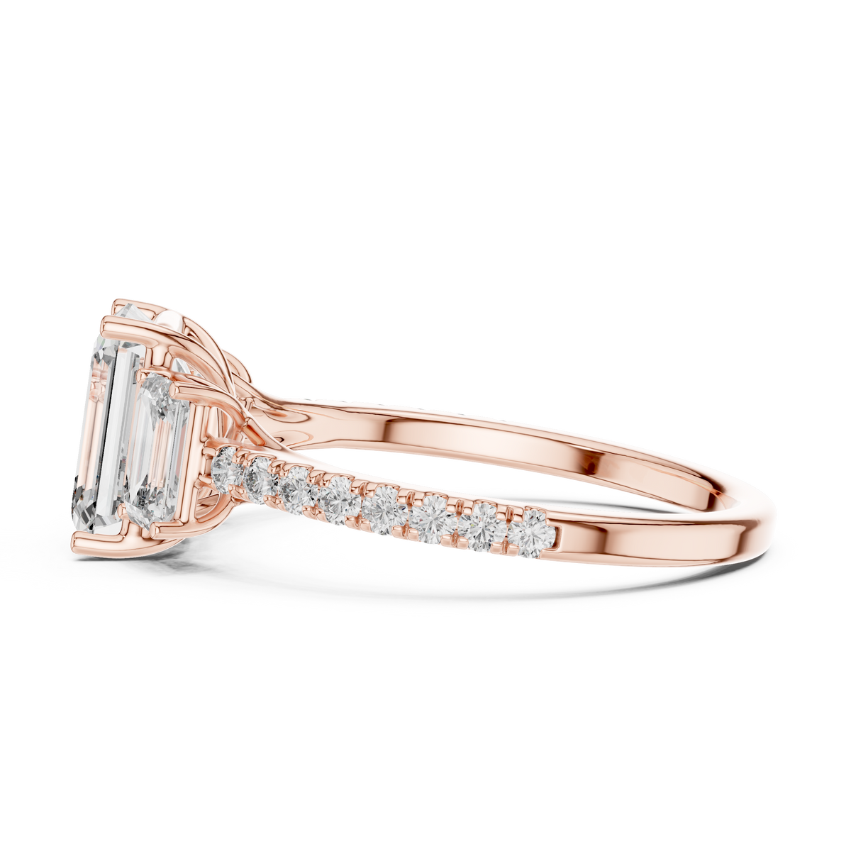 Emerald Cut 3 Stone Lab Grown Diamond Engagement Ring with Pavé Band, Rose Gold