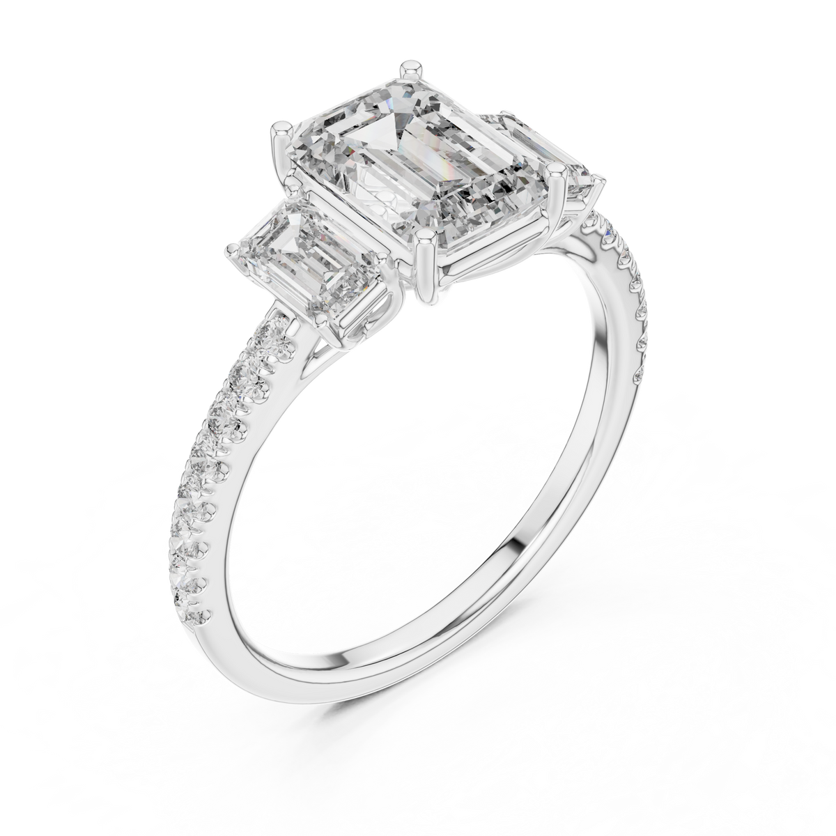 Emerald Cut 3 Stone Lab Grown Diamond Engagement Ring with Pavé Band, White Gold