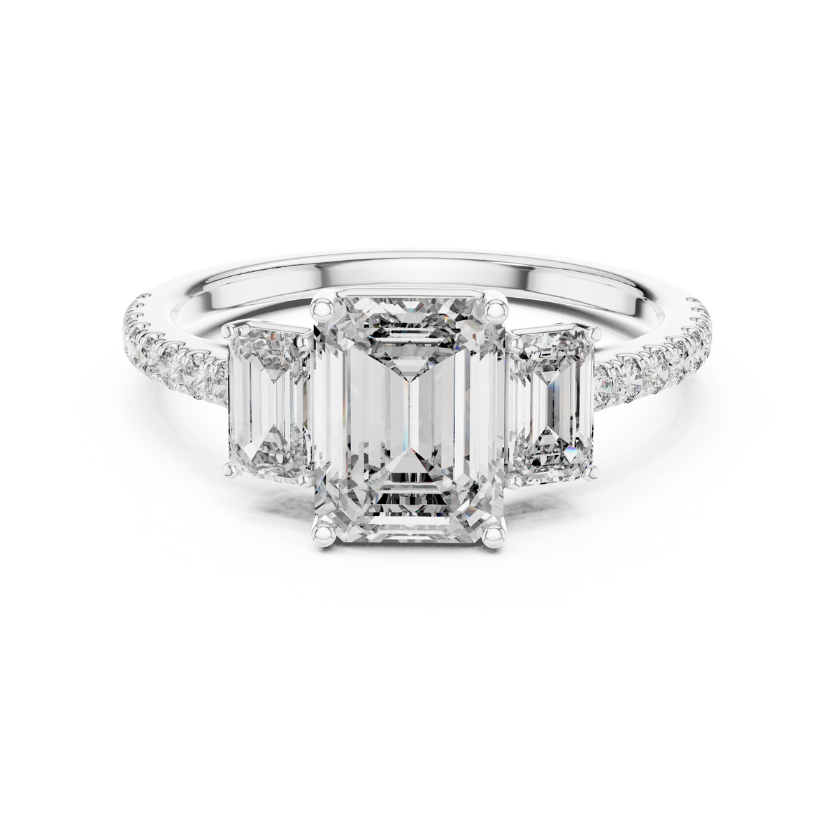 Emerald Cut 3 Stone Lab Grown Diamond Engagement Ring with Pavé Band, White Gold