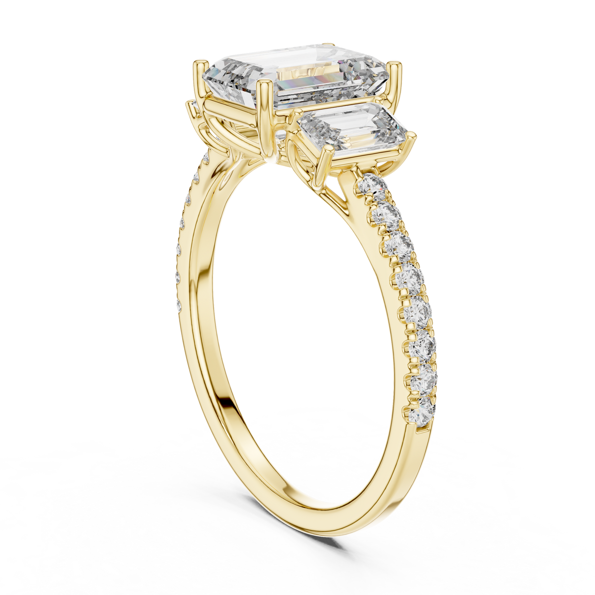 Emerald Cut 3 Stone Lab Grown Diamond Engagement Ring with Pavé Band, Yellow Gold