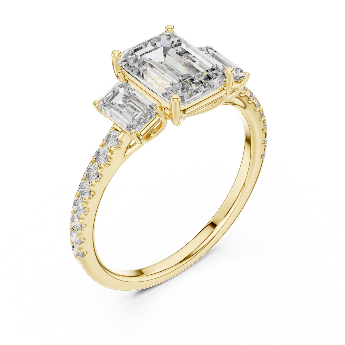 Emerald Cut 3 Stone Lab Grown Diamond Engagement Ring with Pavé Band, Yellow Gold