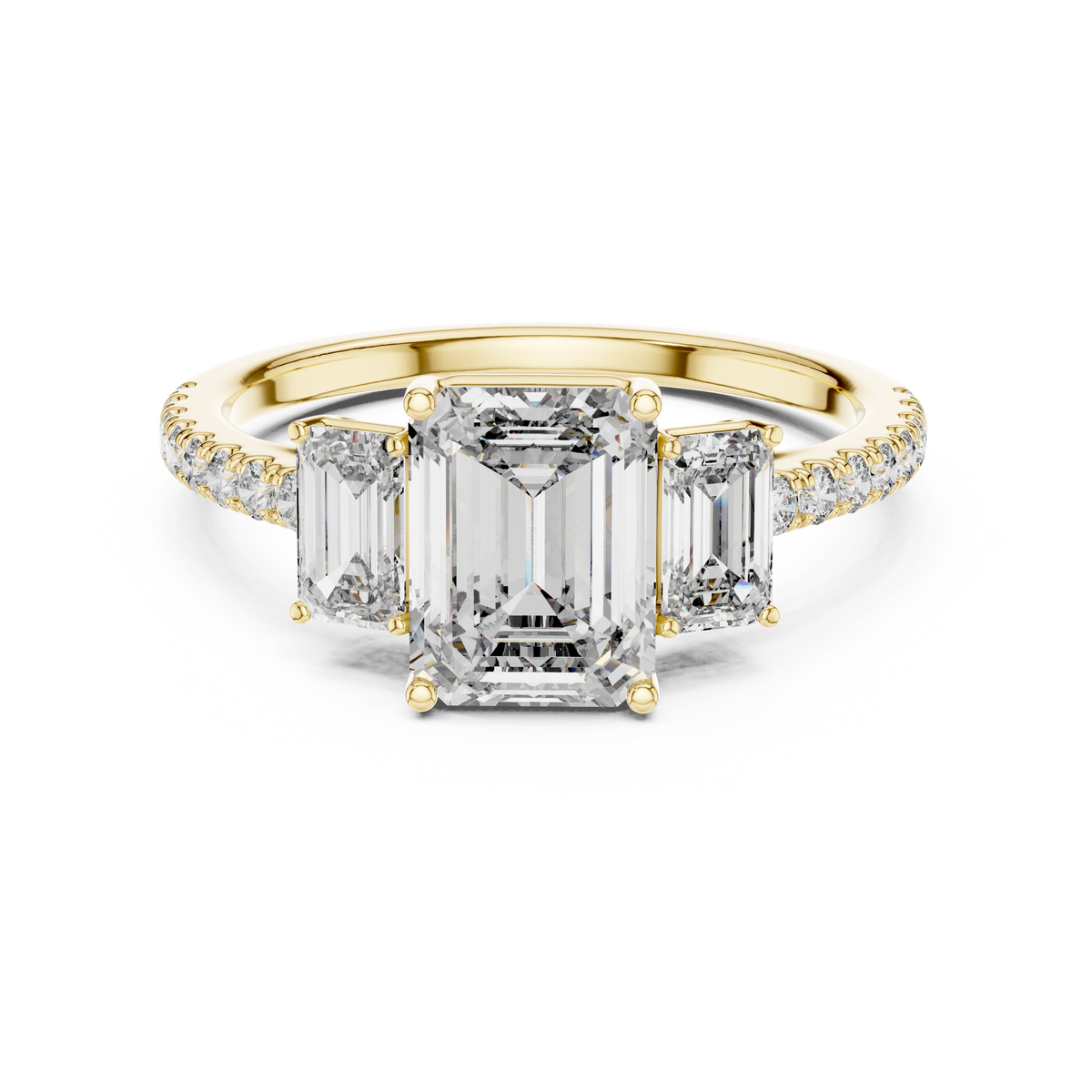 Emerald Cut 3 Stone Lab Grown Diamond Engagement Ring with Pavé Band, Yellow Gold