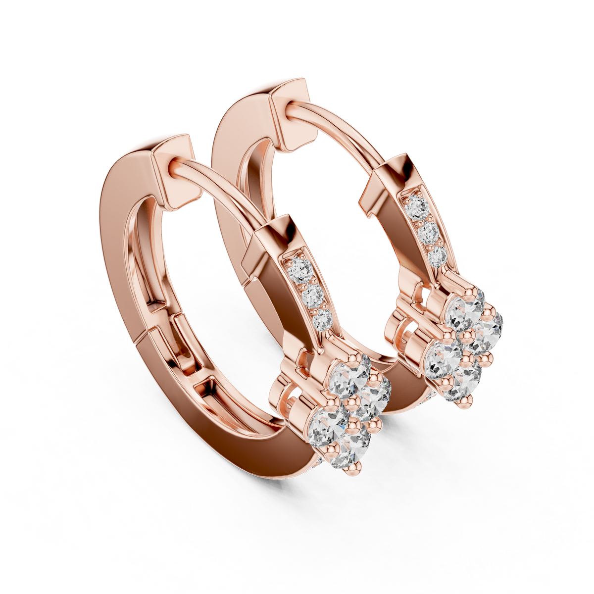 Round Diamond Flower Hoop Earrings in Fine Gold, Rose Gold