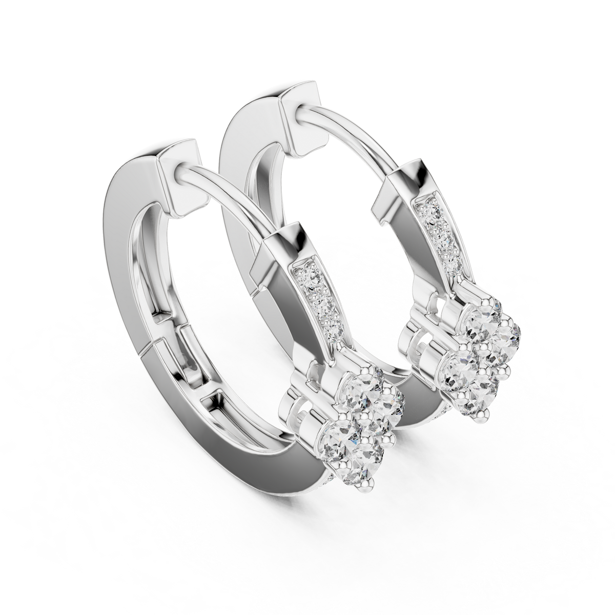Round Diamond Flower Hoop Earrings in Fine Gold, White Gold