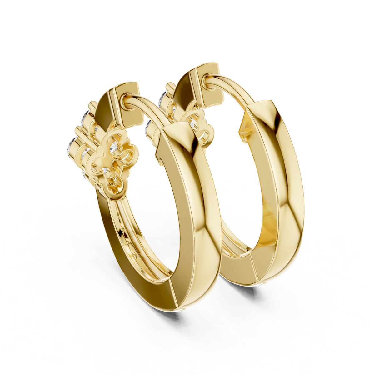 Round Diamond Flower Hoop Earrings in Fine Gold, Yellow Gold