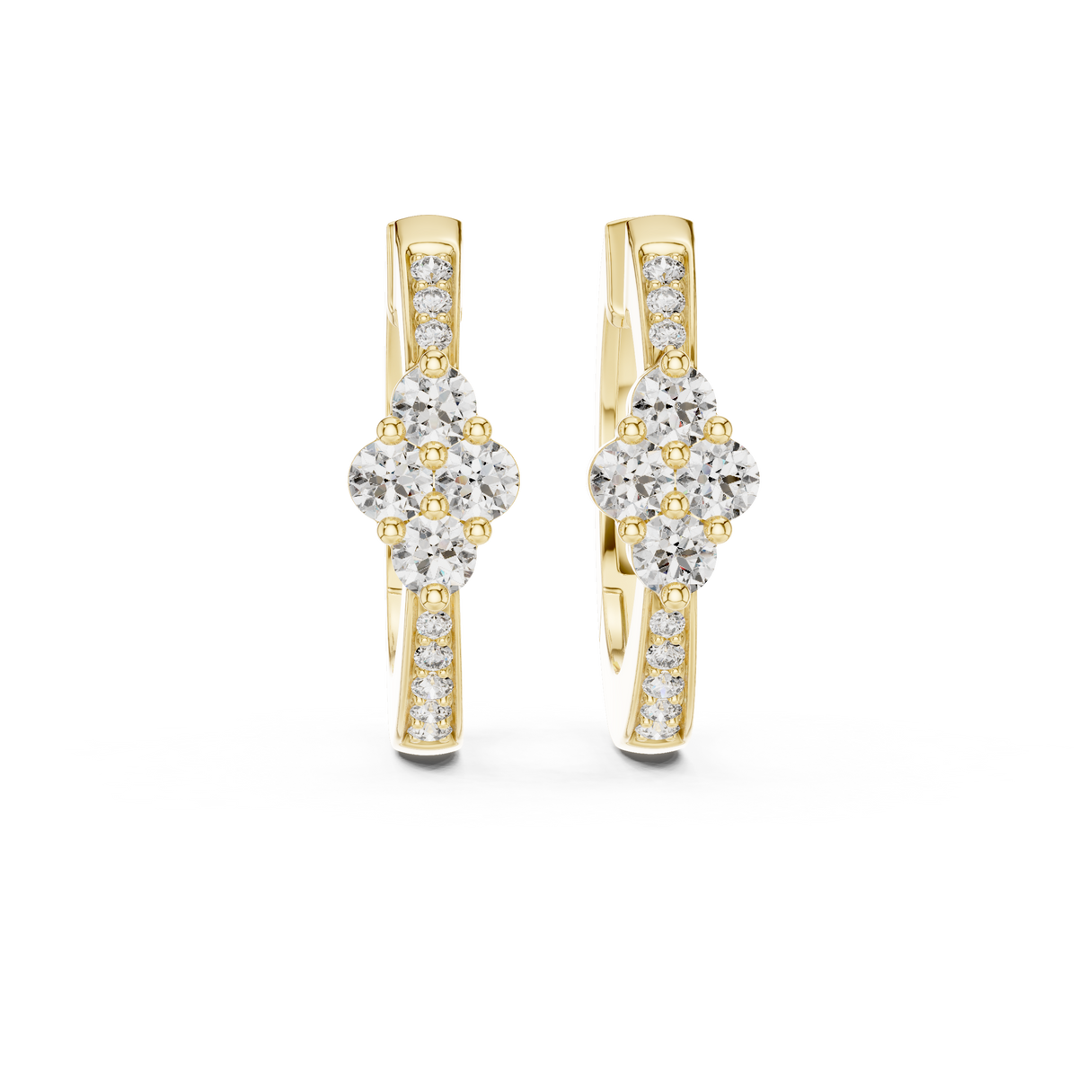 Round Diamond Flower Hoop Earrings in Fine Gold, Yellow Gold