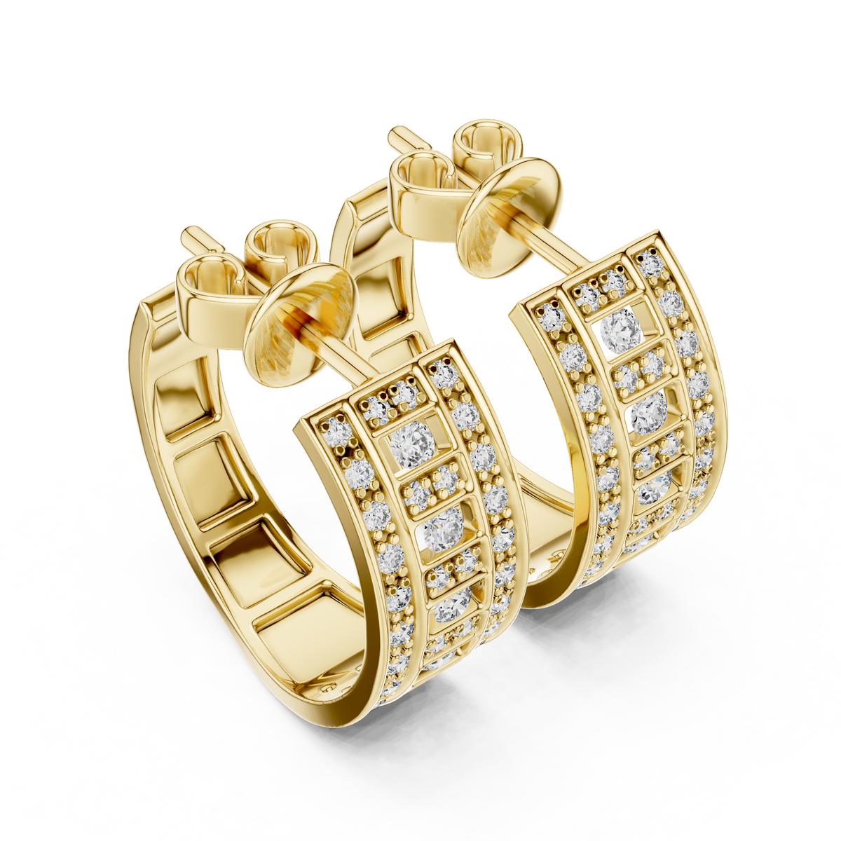 0.61 CT Round Lab Grown Diamond Triple Row Hoop Earrings, Yellow Gold