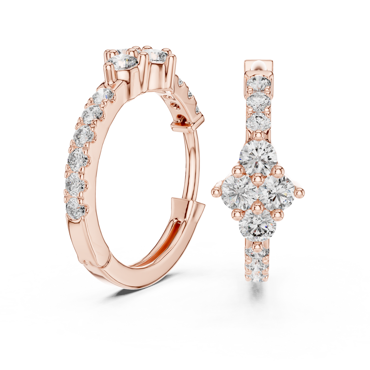 Round Lab Grown Diamond Floral Huggie Hoop Earrings, Rose Gold