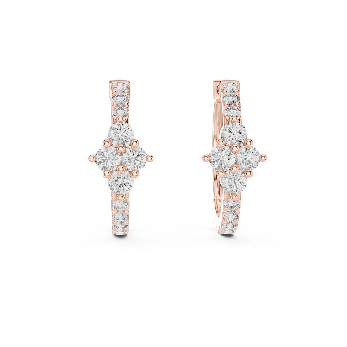 Round Lab Grown Diamond Floral Huggie Hoop Earrings, Rose Gold