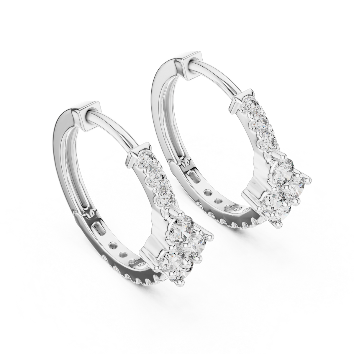 Round Lab Grown Diamond Floral Huggie Hoop Earrings, White Gold