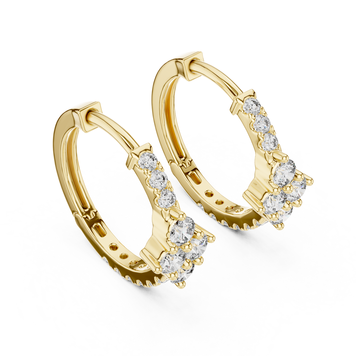 Round Lab Grown Diamond Floral Huggie Hoop Earrings, Yellow Gold