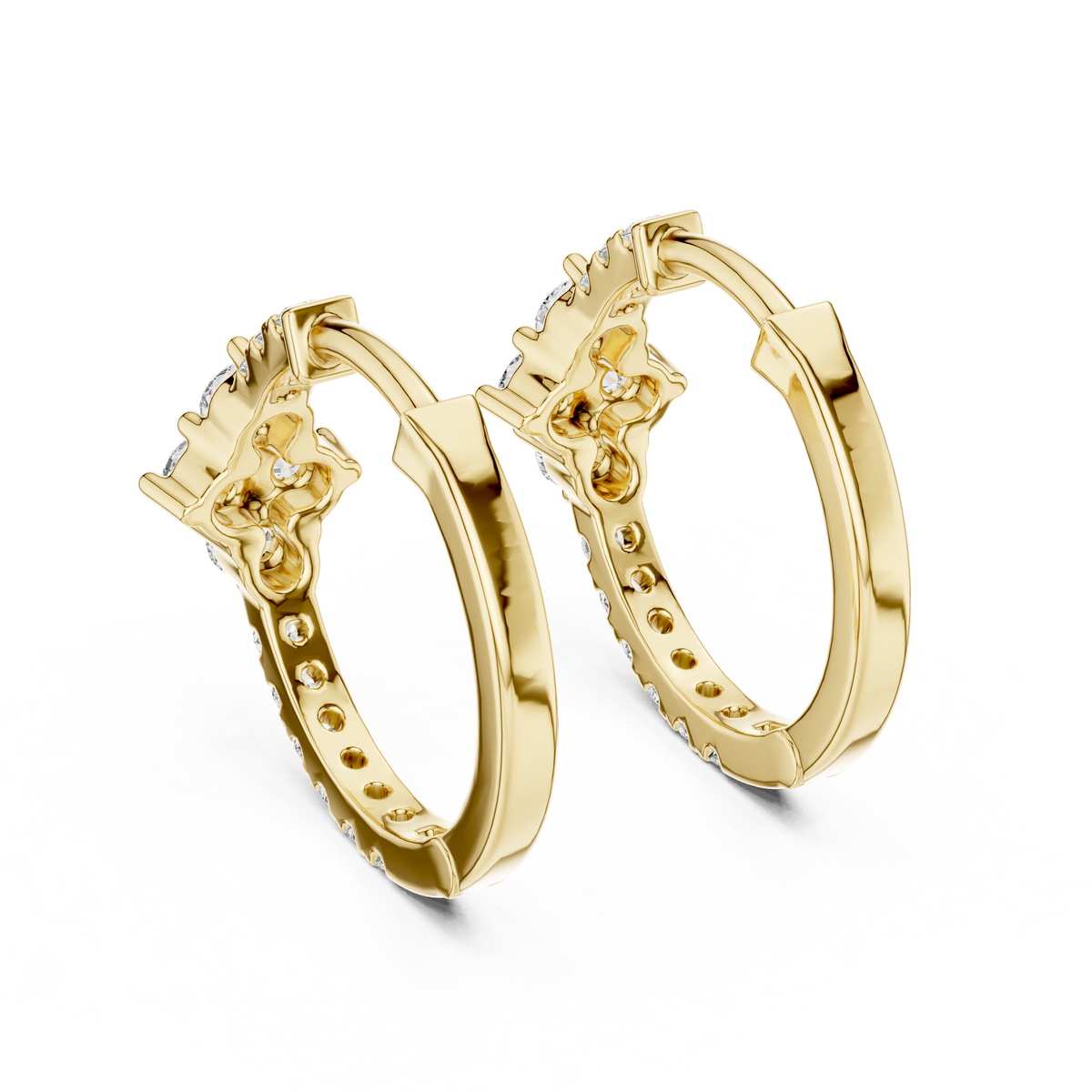 Round Lab Grown Diamond Floral Huggie Hoop Earrings, Yellow Gold