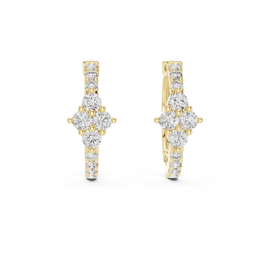 Round Lab Grown Diamond Floral Huggie Hoop Earrings, Yellow Gold