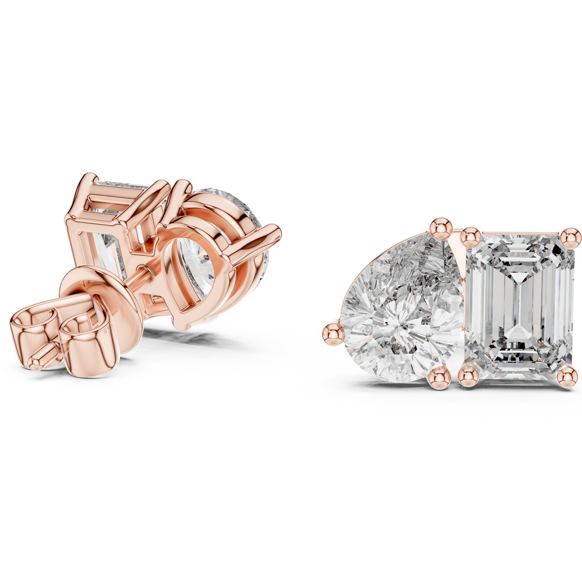 3.60 CT Emerald & Pear Lab Grown Diamond Toi et Moi Stud Earrings, Rose Gold